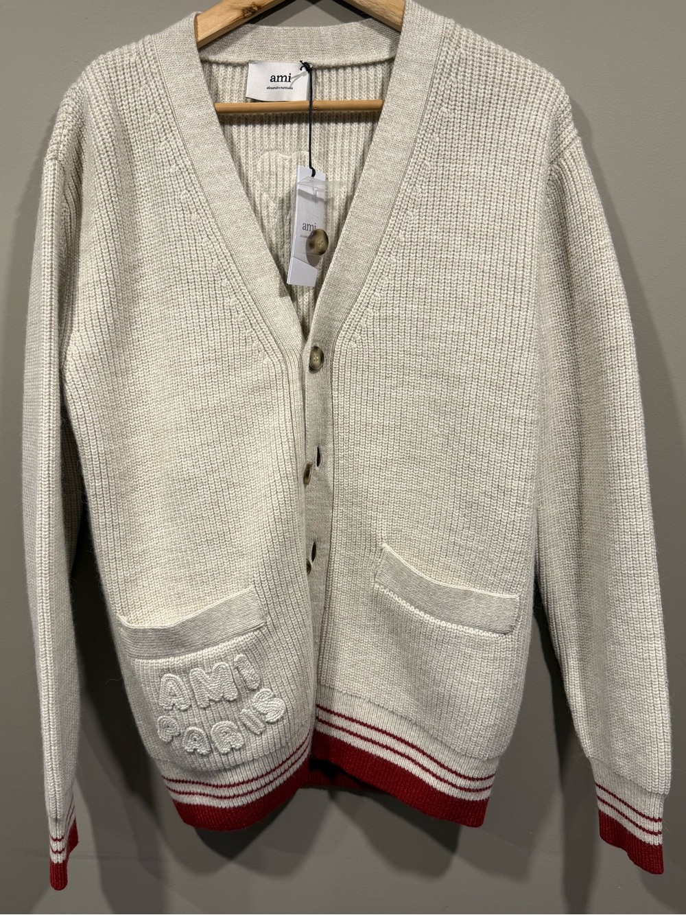 AMI Paris Cream Cardigan with Red Trim